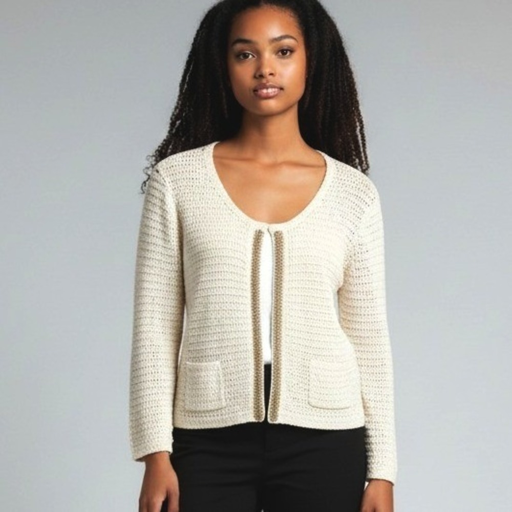 Doncaster Collection Cream Knit Jacket Sz M Gold Chain Trim‎ Open Front Cardigan